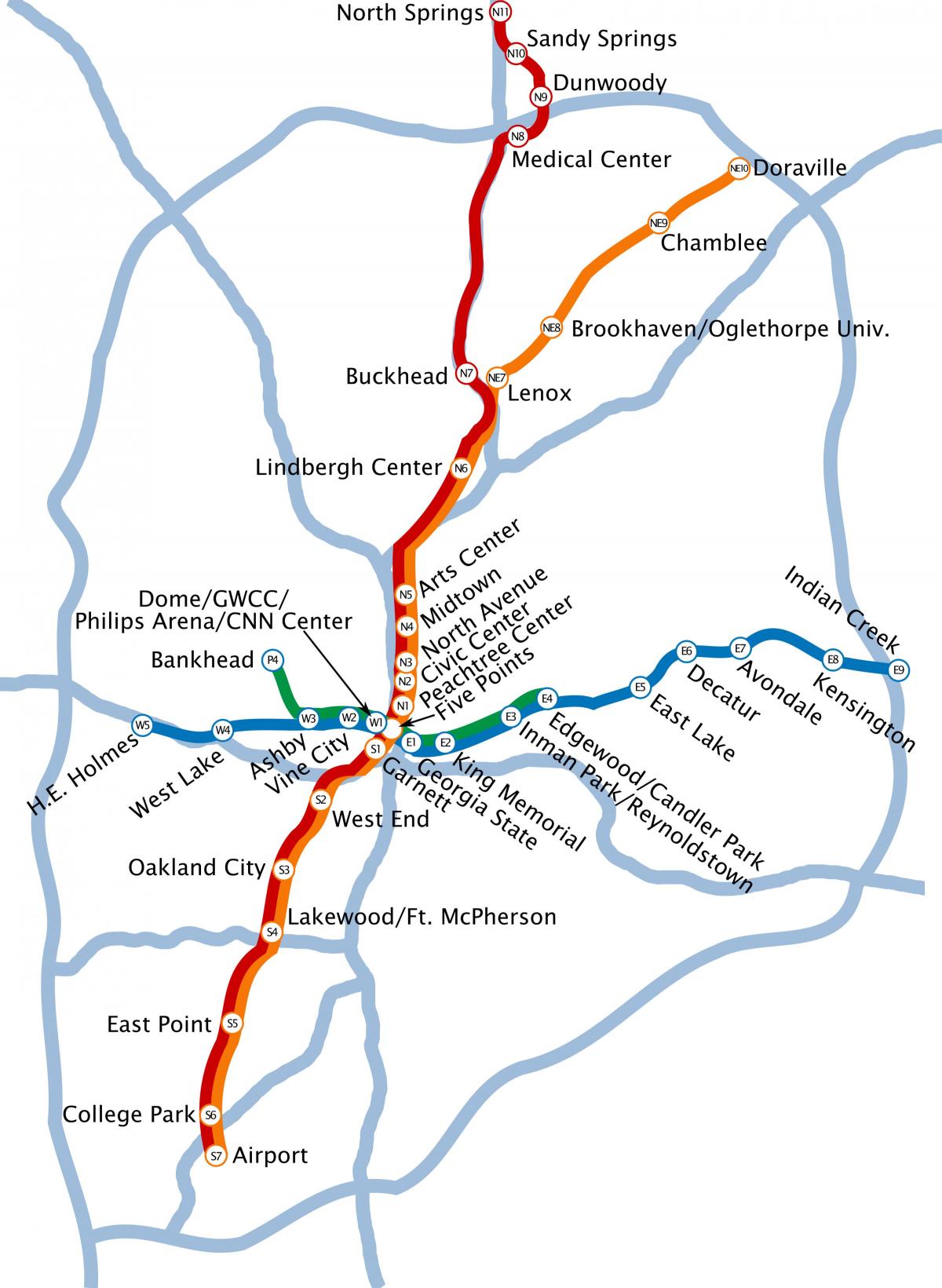 Karte der U-Bahn-Stationen in Atlanta