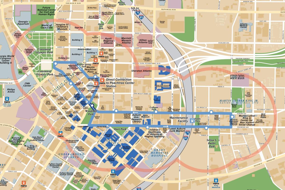 Karte der Straßenbahnhaltestellen in Atlanta